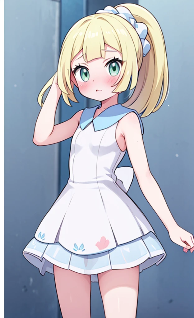 masterpiece,best quality,1 girl,solo,blush with embarrassment,Lillie,Pokémon,White Pleated Dresses,White clothes with light blue collar,Pokémon風の画風,(boldline:1.6),(deluster:1.5),(flat:1.5),ponytail