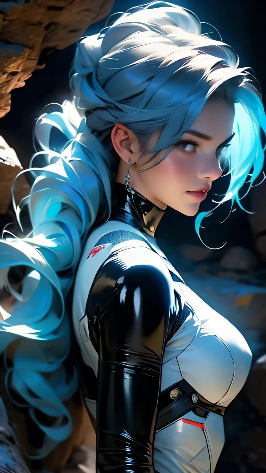 (Very detailed),8k,wallpaper,Studio Lighting,Ultra-fine painting,Narrow your focus,Physically Based Rendering,1 female,Mature Woman,Beautiful Hair,Beautiful Skin,Shiny skin,Beautiful Hands,Fine hand,(Black latex bodysuit with blue lines),(((Better Hands))),((In a dark cave)),Random hairstyle,masterpiece, 最high quality, high quality, High resolution, Big Tits, ((Upper body portrait)), View from behind、