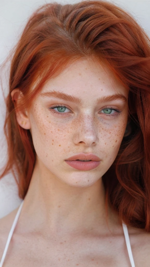raw photo, (18yo redhead girl:1.2), graphic eyeliner, rouge, realistic skin texture, Freckles, green eyes, Pele branca clara, instagram style, Pale white skin, redhead pattern