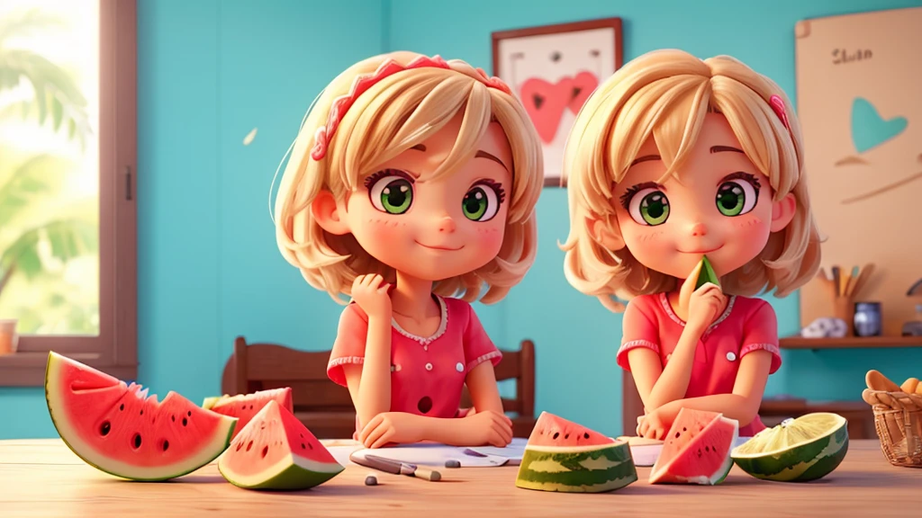 A cute girl eating watermelon,high quality,Summer freshness,Fresh style,Correct anatomy