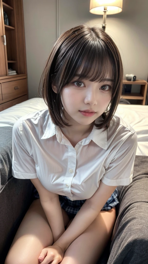 masterpiece, best quality, illustration, Super detailed, fine details, High resolution, 8K,wall paper, perfect dynamic composition,(Details High quality, realistic depiction of eyes:1.3), short bob hair, (Oversized_Shirt:1.2)、Oversized_Shirt, ((facing viewer)), hotel room, Layered Cut, black hair color, Big Natural Color Lip, sexy pose, crying a little、Harajuku style、20 year old girl、cute type、ta, hposing Gravure Idol, full body photo, huge breasts