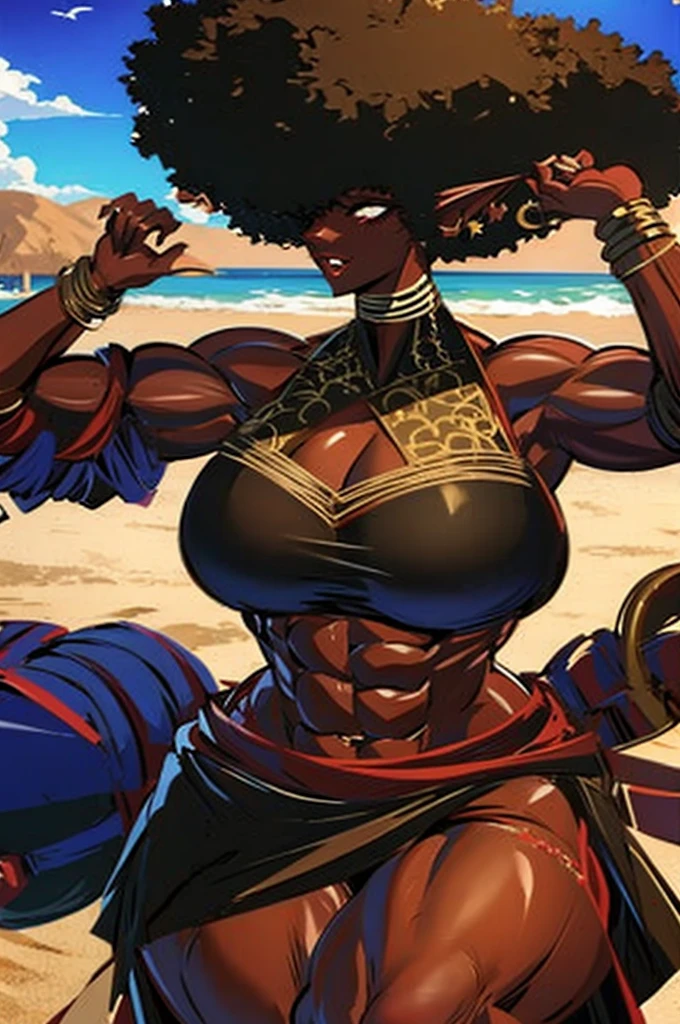 (masterpiece, best quality:1.2),1 girl, voluptuous body, full body, masterpiece, dominant pose, good anatomy, no extra limbs, big ass, thick thighs, black hair, voluminous afro, pointy ears, gold earrings, black top with red details, black skirt with red details, gold necklaces wide hips muscular female