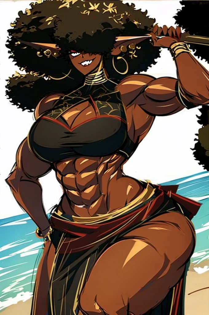 (masterpiece, best quality:1.2),1 girl, voluptuous body, full body, masterpiece, dominant pose, good anatomy, no extra limbs, big ass, thick thighs, black hair, voluminous afro, pointy ears, gold earrings, black top with red details, black skirt with red details, gold necklaces wide hips muscular female