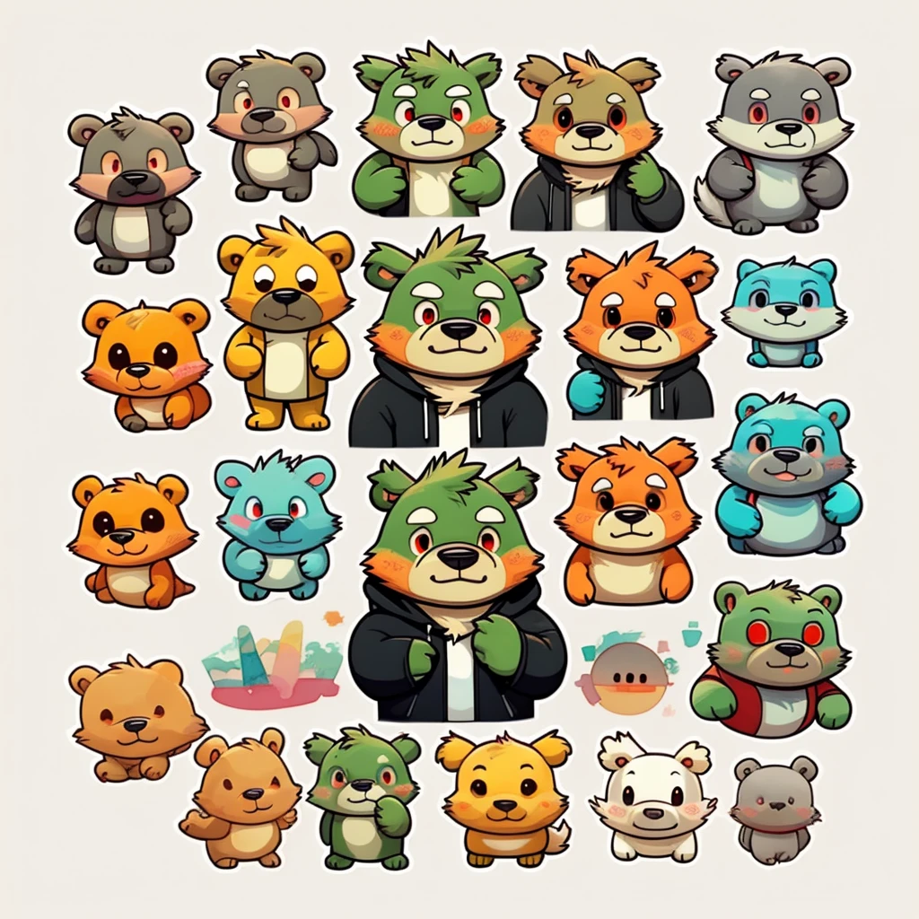 1 sticker, (stickers, jinpei), watercolor, white background, simple background, minimal, tiny, pastel color, vector style, no gradient, green bear with white coat and hood and black t-shirt inside and beard and white eyebrows and red eyes, face stickers, character stickers,