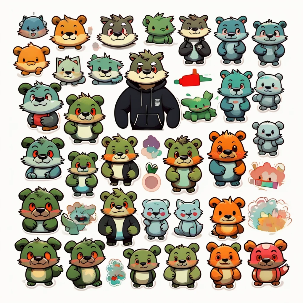 1 sticker, (stickers, jinpei), watercolor, white background, simple background, minimal, tiny, pastel color, vector style, no gradient, green bear with white coat and hood and black t-shirt inside and beard and white eyebrows and red eyes, face stickers, character stickers,