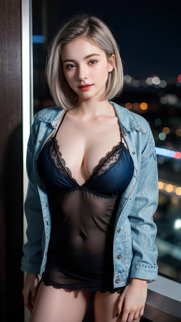 ((best quality)), photorealistic, photorealism, Photorealistic, high resolution, Sexy pose, Beautiful, Baby Face, 20 Years Old, White Skin, pale skin, Medium Breasts, tatoos on the chest, looking at the camera, (Detailed face), short hair, silver hair, adorable, cute, sexy body, (wearing sexy lace black night gown and denim jacket), revealed thigh, asking for hug, full body Shot, open arms, bokeh, night hotel background, cynematic lighting