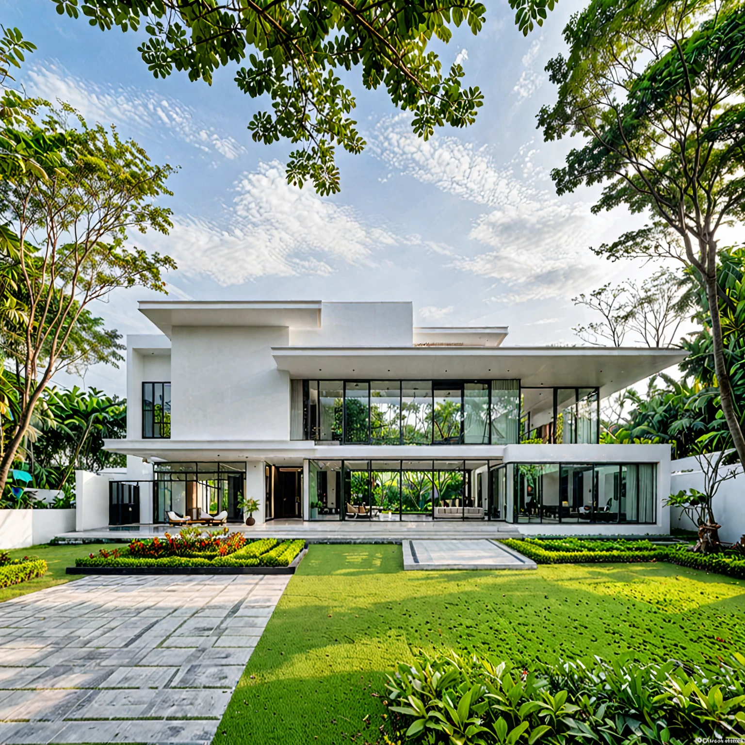 A modern minimalist style single-story villa with a flat roof, white walls and glass windows in Vietnam is surrounded by green lawns, ((road)), ((sidewalk)), ((sidewalk trees)), The overall architectural design features clean lines and simplicity, creating an elegant atmosphere. Use professional photography techniques to capture details and highlight the unique architecture of contemporary luxury houses in the style of minimalism