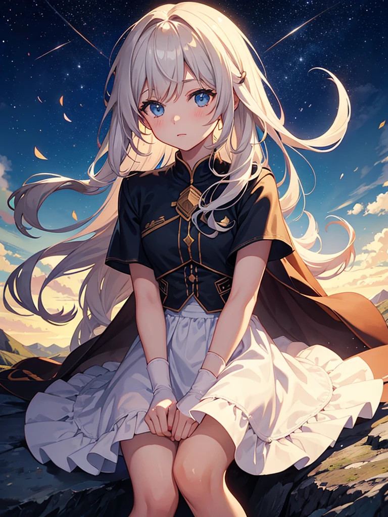 A boy and girl on a mountain top sitting night sky filled with stars looking at , (two moons) 