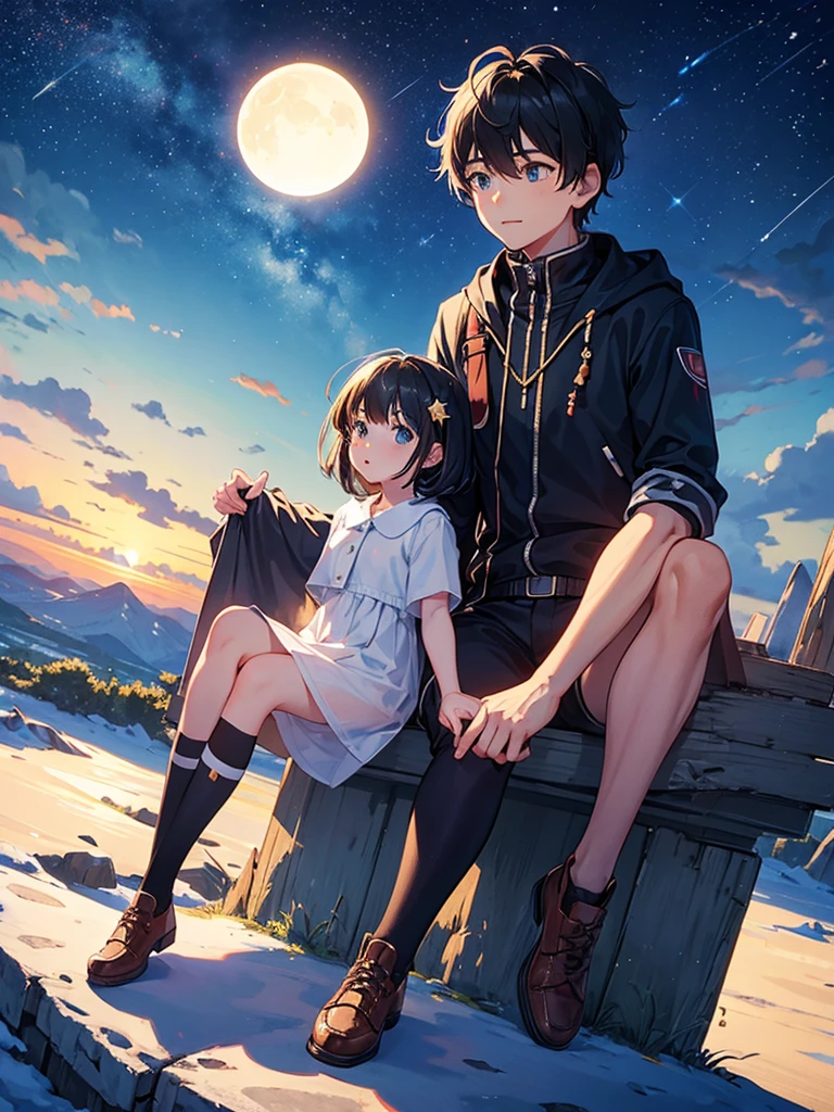 A boy and girl on a mountain top sitting night sky filled with stars looking at , (two moons)