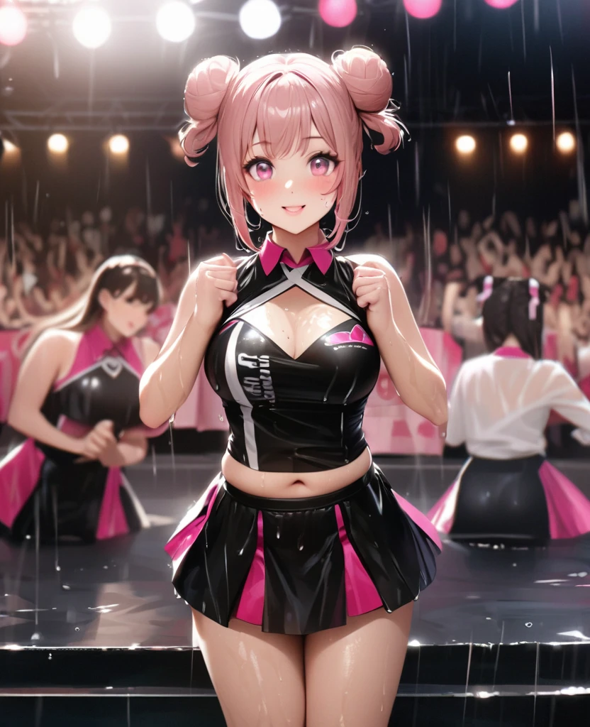One Girl、Looking at the audience、lovely,
Beautiful pink eyes、Two brown double hair buns , Mole under the eye、Plump and glossy lips、Heart-shaped choca、Dance team uniformini skirt, Her name is May,smile、ー、。.。.。.。.。.。.。.。.。.。.。.。.。.。.。.。.。.。.3D、Realistic、
Dance team uniforms was soaked in the heavy rain, and her chest was wet and transparent.Heavy rain at outdoor concert, Drape clothes、gem、The decoration has been removed、Floral、Lace trim,On a glittering stage、
masterpiece、highest quality、8k、Detailed skin texture、Detailed cloth texture、Beautifully detailed face、Intricate details、Very detailed、
超A high resolution、8k Ultra HD、Film Grain、Best Shadow、delicate、Gazing at the audience、front
