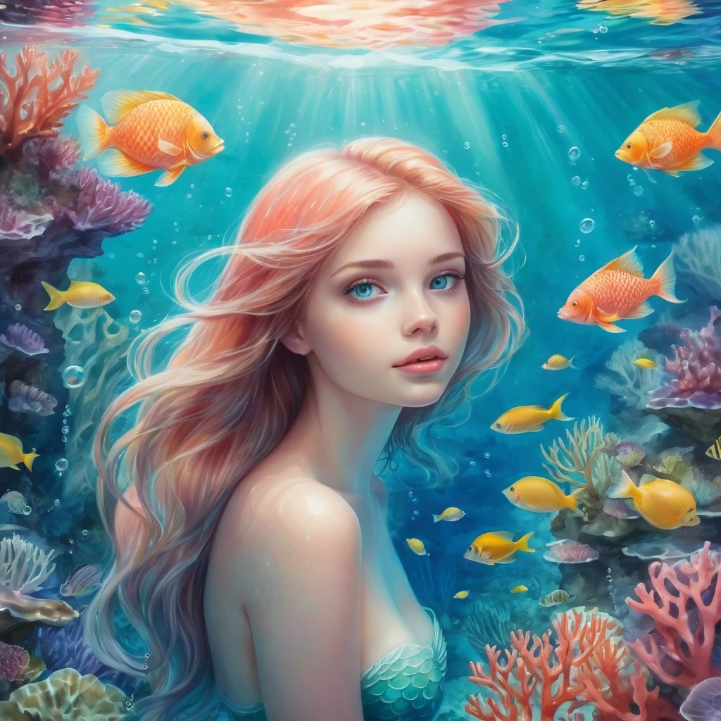 Create an incredibly stunning and unique image combining the techniques of airbrushing and watercolor. Imagine a serene underwater scene where a graceful mermaid is swimming through a vibrant coral reef. Her flowing hair and shimmering tail are painted with delicate watercolor hues, blending seamlessly with the surrounding water. The gentle gradients of the airbrushing technique add depth and dimension to the scene, creating a sense of fluidity and motion.

The coral reef is a riot of colors, with intricate details of various coral formations and schools of exotic fish. Soft, ethereal light filters down from the surface, casting a magical glow over the entire scene. The mermaid’s skin has a soft, luminous quality, enhanced by the subtle airbrushing, while her eyes sparkle with curiosity and intelligence.

In the background, the water gradually deepens in color, transitioning from turquoise to deep blue, creating a sense of depth and mystery. Delicate bubbles rise and shimmer, adding to the dreamlike quality of the scene.

The entire image should evoke a sense of wonder and tranquility, capturing the beauty of the underwater world with the delicate blending of airbrushing and watercolor techniques. The colors should be rich and harmonious, creating a visually captivating and enchanting masterpiece.