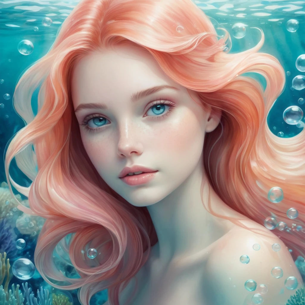 Create an incredibly stunning and unique image combining the techniques of airbrushing and watercolor. Imagine a serene underwater scene where a graceful mermaid is swimming through a vibrant coral reef. Her flowing hair and shimmering tail are painted with delicate watercolor hues, blending seamlessly with the surrounding water. The gentle gradients of the airbrushing technique add depth and dimension to the scene, creating a sense of fluidity and motion.

The coral reef is a riot of colors, with intricate details of various coral formations and schools of exotic fish. Soft, ethereal light filters down from the surface, casting a magical glow over the entire scene. The mermaid’s skin has a soft, luminous quality, enhanced by the subtle airbrushing, while her eyes sparkle with curiosity and intelligence.

In the background, the water gradually deepens in color, transitioning from turquoise to deep blue, creating a sense of depth and mystery. Delicate bubbles rise and shimmer, adding to the dreamlike quality of the scene.

The entire image should evoke a sense of wonder and tranquility, capturing the beauty of the underwater world with the delicate blending of airbrushing and watercolor techniques. The colors should be rich and harmonious, creating a visually captivating and enchanting masterpiece.