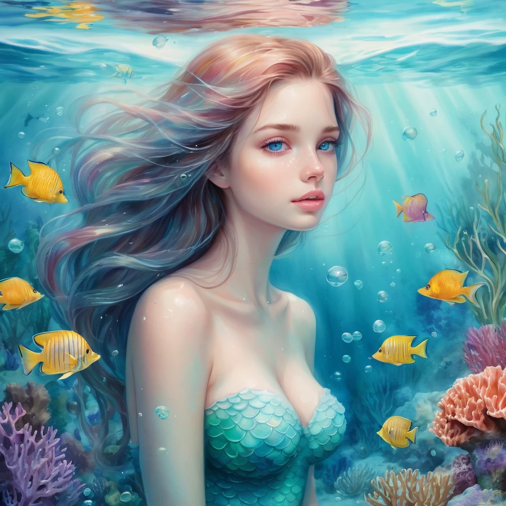 Create an incredibly stunning and unique image combining the techniques of airbrushing and watercolor. Imagine a serene underwater scene where a graceful mermaid is swimming through a vibrant coral reef. Her flowing hair and shimmering tail are painted with delicate watercolor hues, blending seamlessly with the surrounding water. The gentle gradients of the airbrushing technique add depth and dimension to the scene, creating a sense of fluidity and motion.

The coral reef is a riot of colors, with intricate details of various coral formations and schools of exotic fish. Soft, ethereal light filters down from the surface, casting a magical glow over the entire scene. The mermaid’s skin has a soft, luminous quality, enhanced by the subtle airbrushing, while her eyes sparkle with curiosity and intelligence.

In the background, the water gradually deepens in color, transitioning from turquoise to deep blue, creating a sense of depth and mystery. Delicate bubbles rise and shimmer, adding to the dreamlike quality of the scene.

The entire image should evoke a sense of wonder and tranquility, capturing the beauty of the underwater world with the delicate blending of airbrushing and watercolor techniques. The colors should be rich and harmonious, creating a visually captivating and enchanting masterpiece.