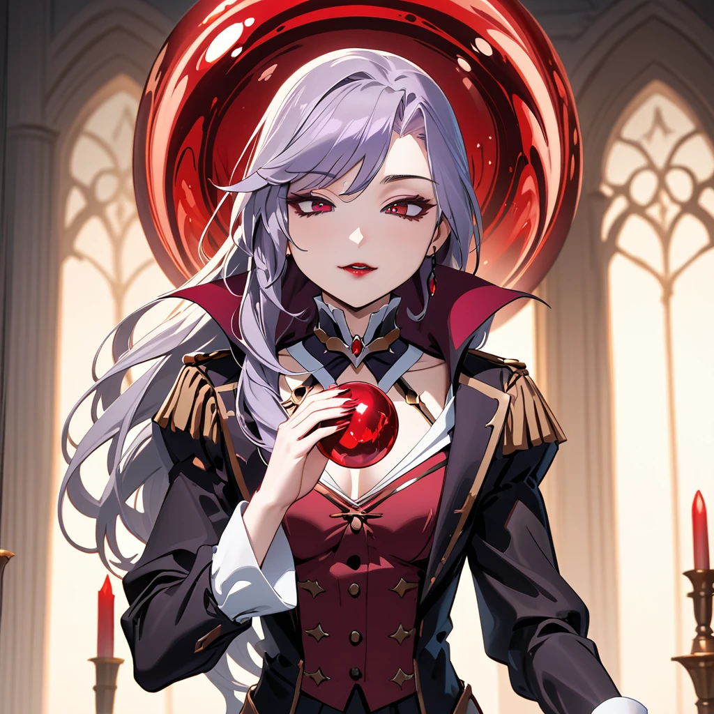 (masterpiece, best quality:1.2), 1girl, solo, Sonata, purple hair, vampire, sphere of red magic of blood