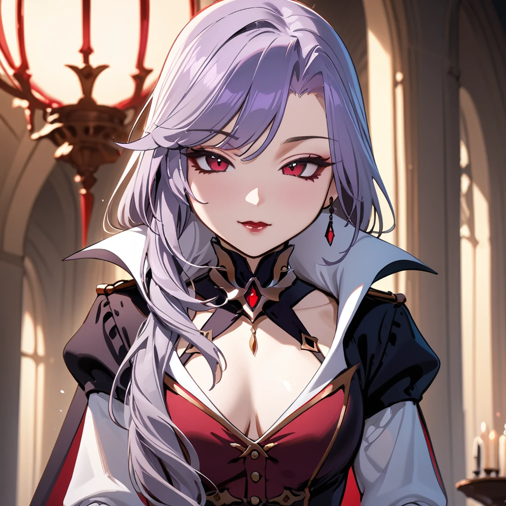 (masterpiece, best quality:1.2), 1girl, solo, Sonata, purple hair, vampire, sphere of red magic of blood