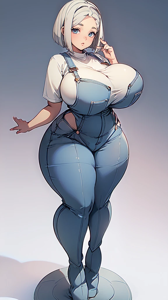((blank background)), masterpiece, best quality, silver hair, (curvy:1.8), (massive breast:1.5), ((full body framing)), (long legs:1.6), symmetry, farmer woman, (blue overalls), long boots, belt below navel, lumberjack shirt, (bobcut)