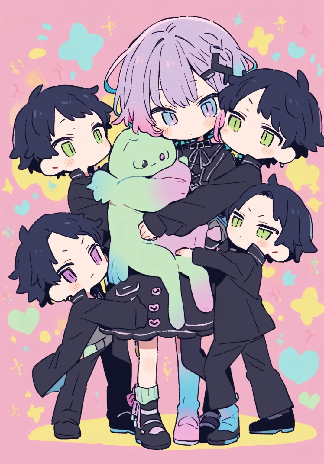 tegaki chibi 5boys pastel colors gradient flat chest Gothic full body hug