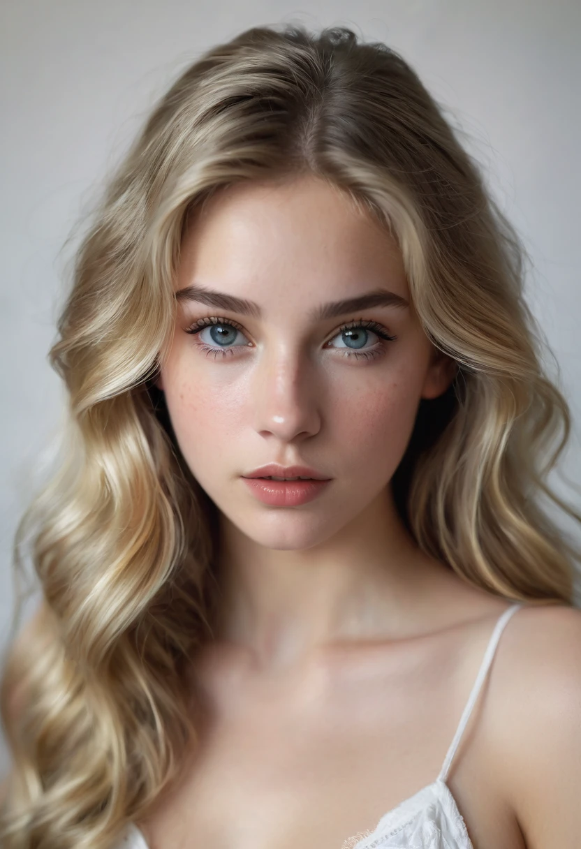 Create the portrait of a 21-year-old woman, in her room, long hair, blonde hair, wavy hair, marrones eyes, long eyelashes, small eyes, upturned nose, marked cheekbones, white skin, thick lips, height 1.50 cm, with hyper realism as if it were taken with a Sony alpha 77 DSLR camera, with natural light