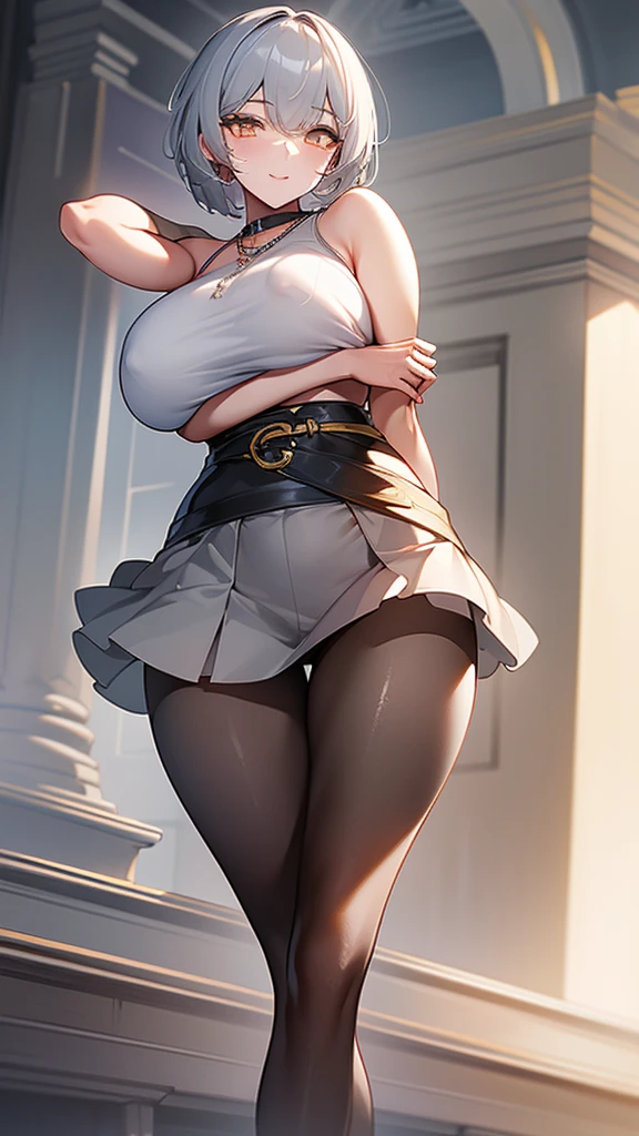 masterpiece, Highest quality:1.2),8k, 4K High Resolution, Super detailed, High-quality texture,High detail, High Quality Shadows, Beautiful and delicate face down to the last detail, Beautiful and delicate eyes、One Woman, alone,Shiny skin、Very large breasts、Very thick legs、Are standing、Composition from the front、smile、Look forward、Gray Hair、Stand up straight,Looking into the camera、Draw a face、Golden eyes、short hair、Depth of written boundary、Shiny black tight skirt、Sleeveless white business shirt、Put a belt around your waist、Show both armpits、Unbuttoning clothes、White clothes、A position that shows off your armpits、Gold Necklace、black tights