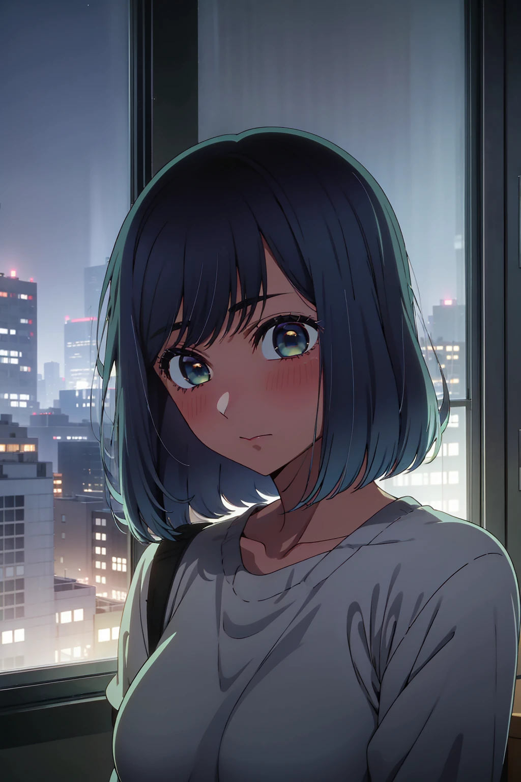 akane kurokawa,naked,rock,Blue Hair,naked,hot,sexy,beautiful,Perfect body,One Girl,big ,masterpiece,Perfect Face,Expressive Face,naked,night、Lying on a bed by the window in a high-rise building,Atmospheric lighting