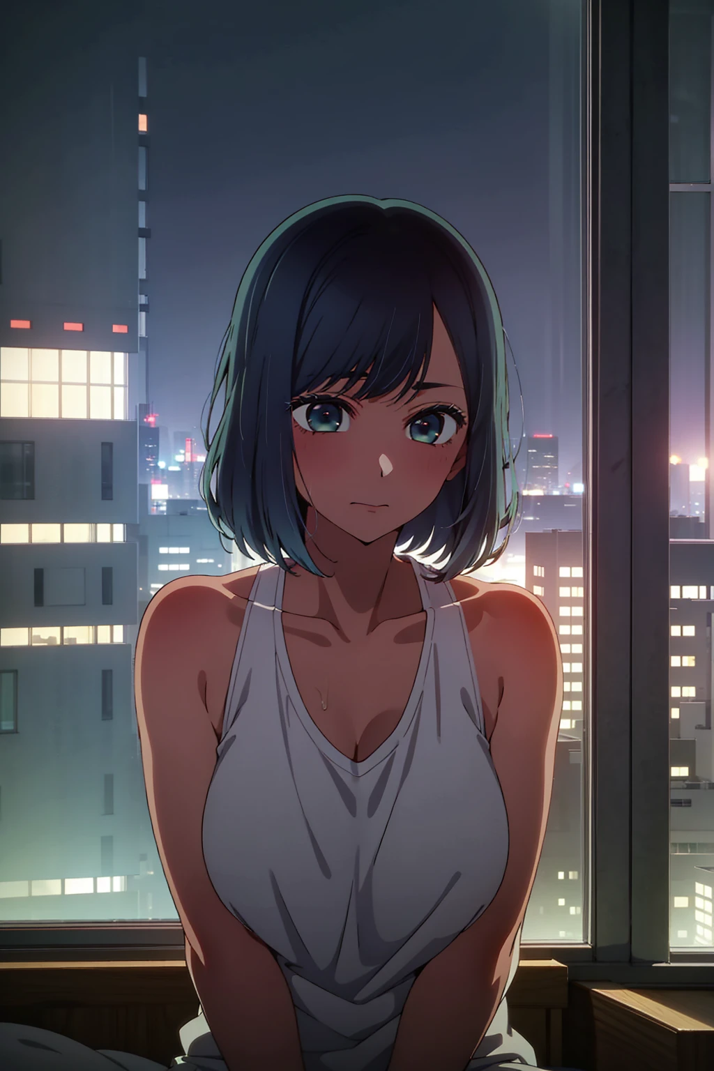 akane kurokawa,naked,rock,Blue Hair,naked,hot,sexy,beautiful,Perfect body,One Girl,big ,masterpiece,Perfect Face,Expressive Face,naked,night、Lying on a bed by the window in a high-rise building,Atmospheric lighting