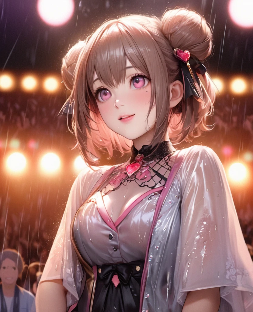 One Girl、Looking at the audience、lovely,
Beautiful pink eyes、Two brown double hair buns , Mole under the eye、Plump and glossy lips、Heart-shaped choca、Idol、Her name is May,smile、ー、。.。.。.。.。.。.。.。.。.。.。.。.。.。.。.。.。.。.3D、Realistic、
The idol's costume was soaked in the heavy rain, and her chest was wet and transparent.Heavy rain at outdoor concert, Drape clothes、gem、The decoration has been removed、Floral、Lace trim,On a glittering stage、
masterpiece、highest quality、8k、Detailed skin texture、Detailed cloth texture、Beautifully detailed face、Intricate details、Very detailed、
超A high resolution、8k Ultra HD、Film Grain、Best Shadow、delicate、Gazing at the audience、front
