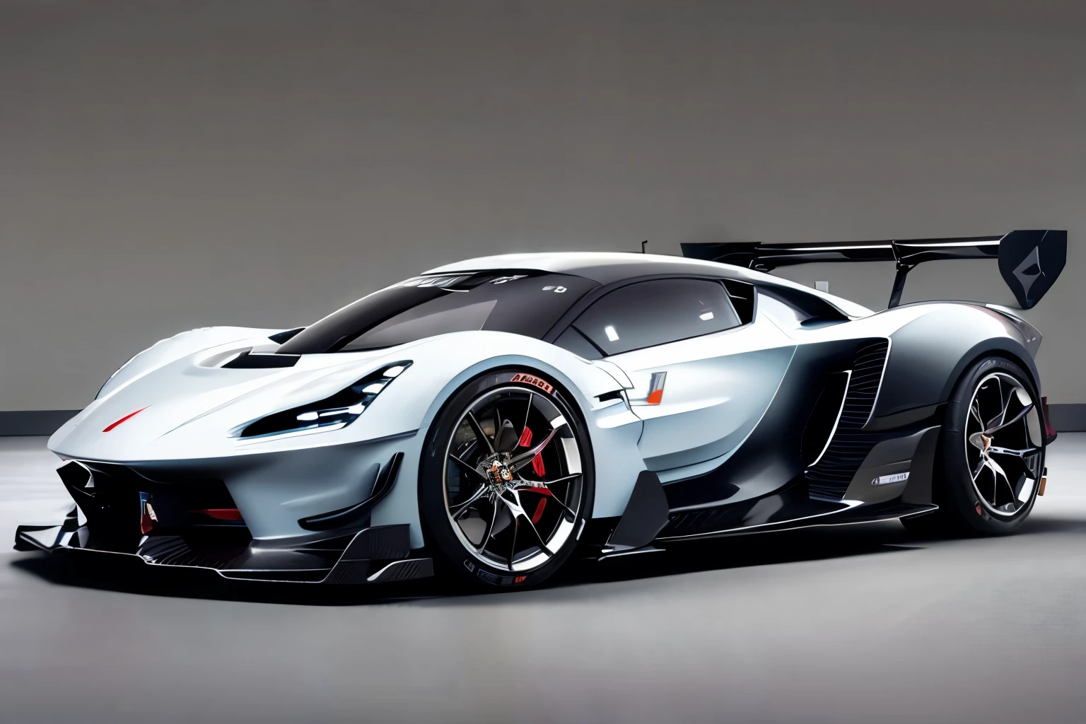 one car, concept car, concept design, super race car, in satin grey and copper colors, thin black wheels, a three-quarter rear view, best quality, realistic, modern city of background, parked on metal floor