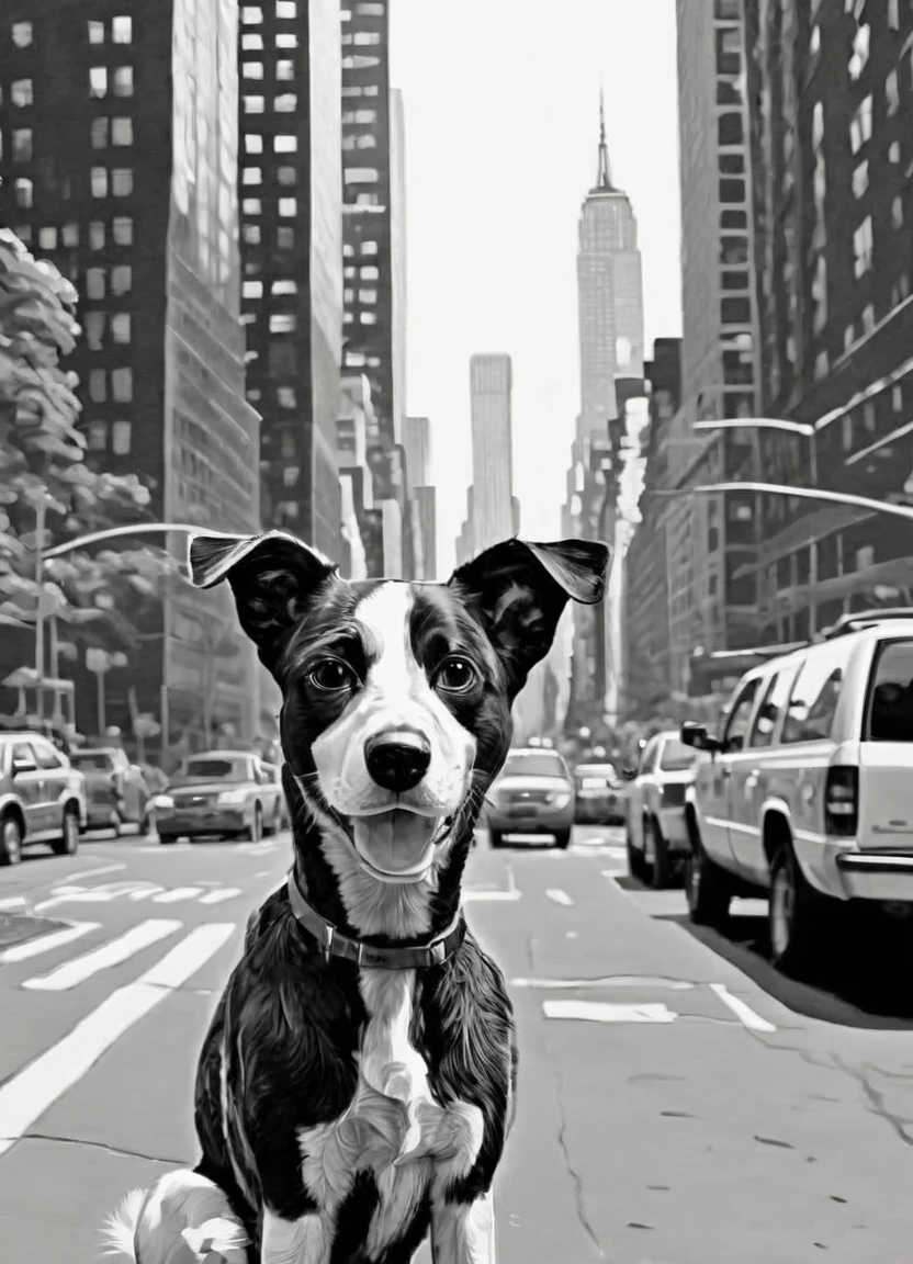 black and white, line art, coloring drawing of dog in new york