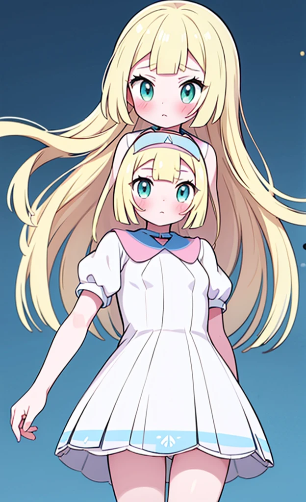 masterpiece,best quality,1 girl,solo,blush with embarrassment,Lillie,Pokémon,White Pleated Dresses,White clothes with light blue collar,Pokémon風の画風,(boldline:1.6),(deluster:1.5),(flat:1.5),