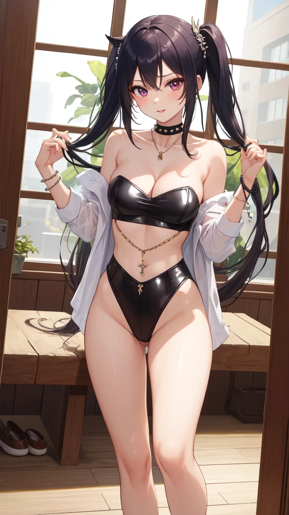 masterpiece, strapless leotard, best quality, very aesthetic, absurdres, newest, ai-generated, detailed background, indoors day, yoga studio, looking at viewer, (perfect eyes), midriff, navel piercing, spike bracelets, makeup, flats, skindentation, thighs, (cleavage), choker necklace, highleg pink cheeky, AddXL, Yoruichi,flats shoes