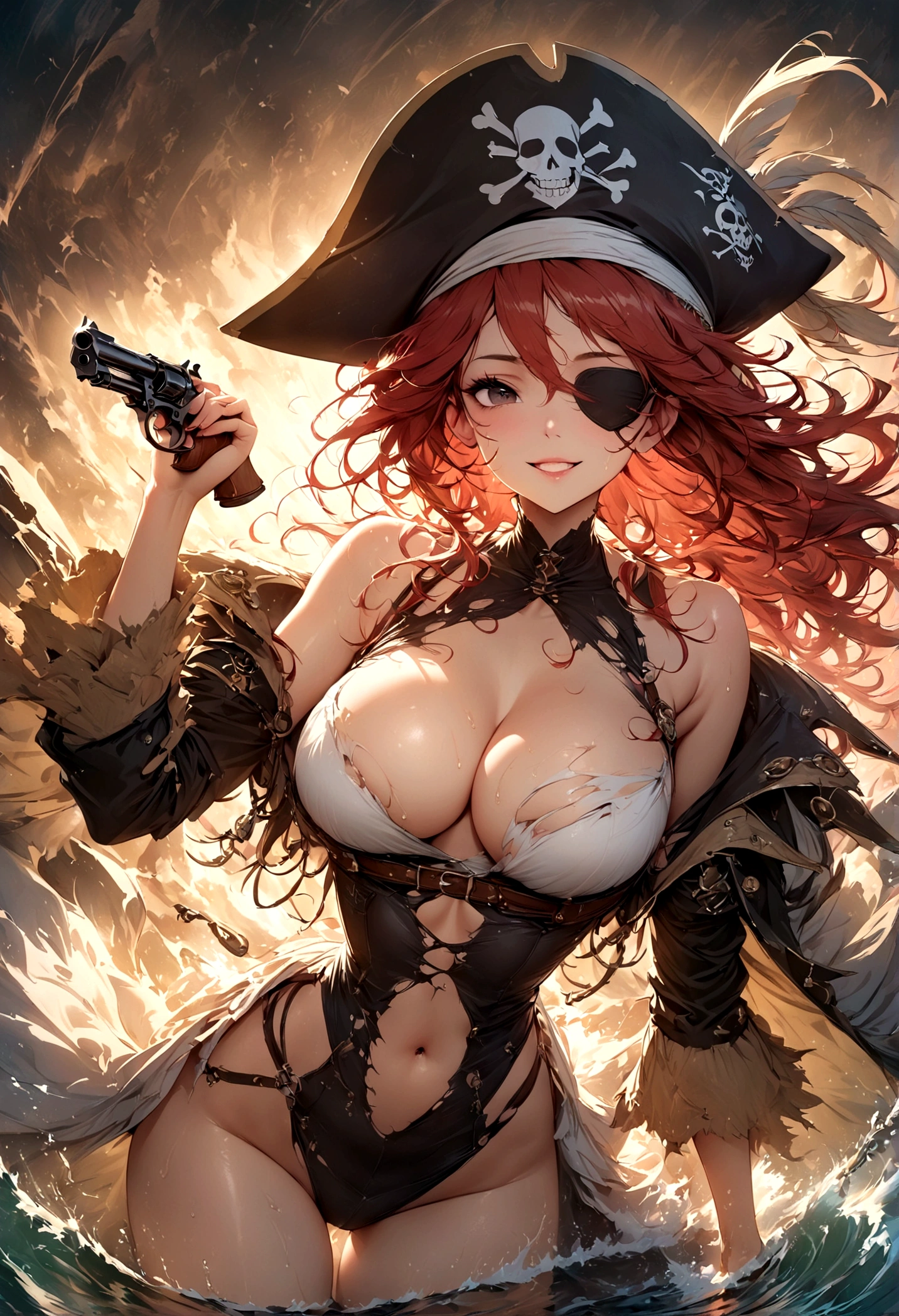 ((Masterpiece, top quality, high resolution)), ((highly detailed CG unified 8K wallpaper)), (huge stunning goddess shot, very hot and sexy, jaw-dropping beauty, perfect proportions, beautiful body, slim body beauty:1.1), Female pirate with torn coat and harness wrapped around her, pirate hat with skulls painted on it, wavy red hair blowing in the wind, black eye patch, gripping the tiller wheel, smiling wryly, shaggy red hair, splashing water, cleavage, pistol in one hand, flintlock, in a stormy sea, leaning hull, heavy rain and wind, silhouette emerging from the backlight, dramatic angles, in dynamic poses,