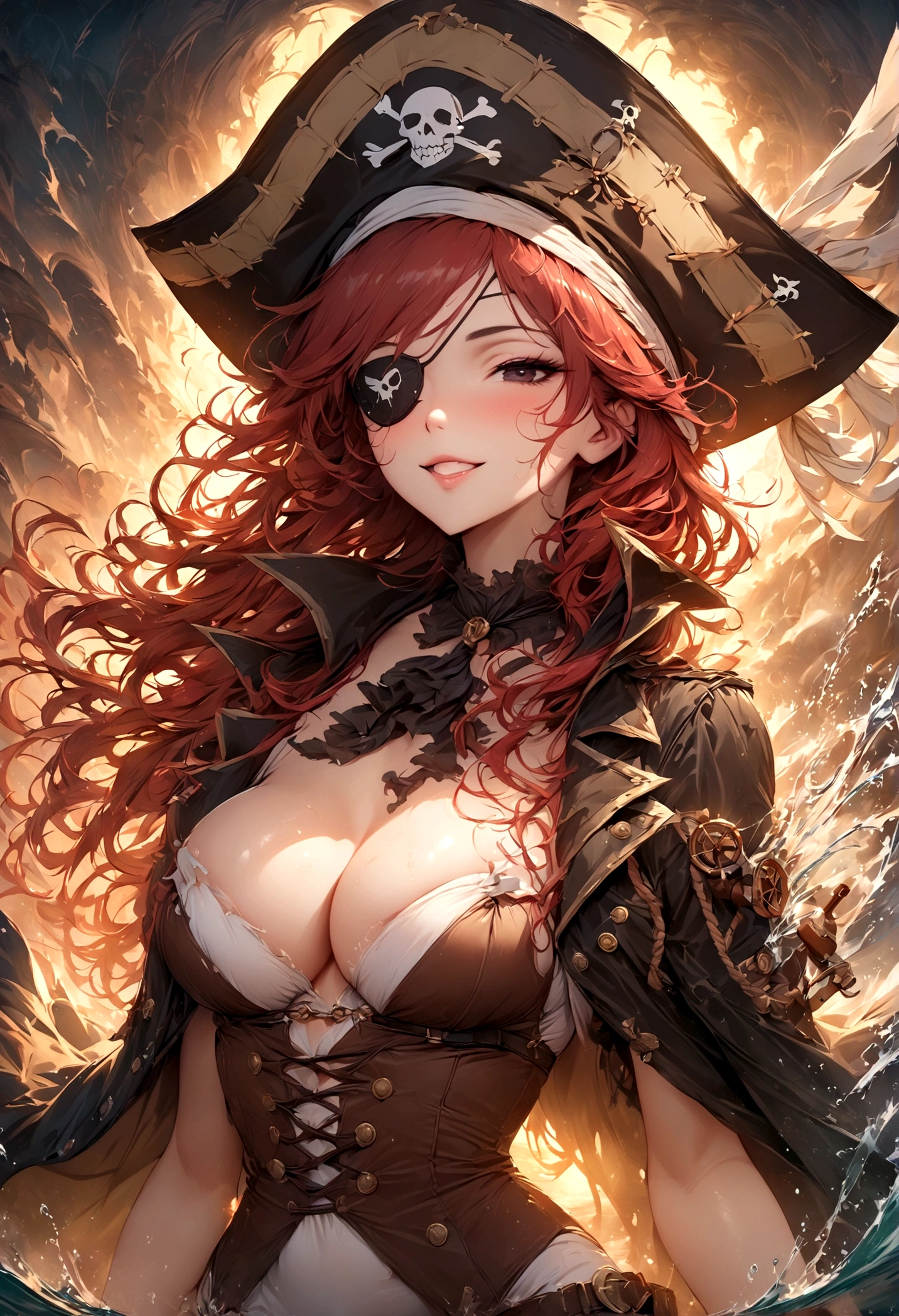 ((Masterpiece, top quality, high resolution)), ((highly detailed CG unified 8K wallpaper)), (huge stunning goddess shot, very hot and sexy, jaw-dropping beauty, perfect proportions, beautiful body, slim body beauty:1.1), Female pirate with torn coat and harness wrapped around her, pirate hat with skulls painted on it, wavy red hair blowing in the wind, black eye patch, gripping the tiller wheel, smiling wryly, shaggy red hair, splashing water, cleavage, pistol in one hand, flintlock, in a stormy sea, leaning hull, heavy rain and wind, silhouette emerging from the backlight, dramatic angles, in dynamic poses,