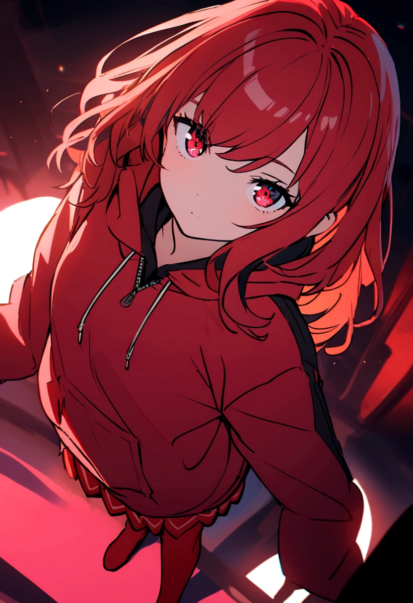A girl with a red skirt red stockings red zip up hoody red hair and eyes with black highlights  and a black shirt  with her zip up hoodie zipped up to her breasts