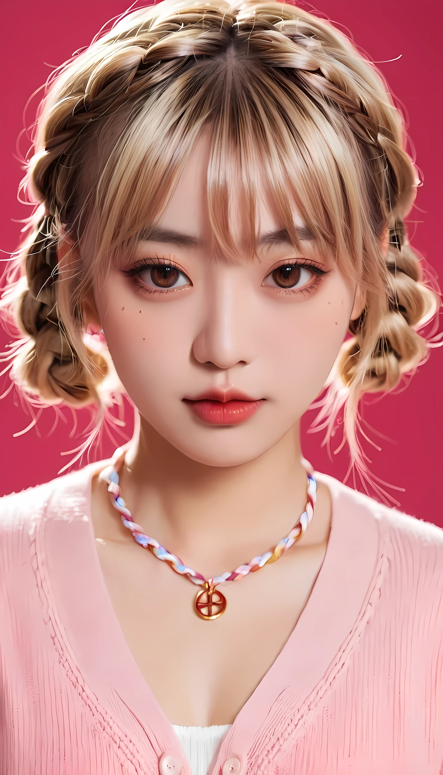 (((Japanese Animation))), ((Animation)), (gal), Medium Length Hair, (Braided hair:1.3), (Bangs:1.2),Two-tone hair, Blonde Hair, (Pink Hair), Round Face, Red Eyes, (Drooping eyes), (((we say))),Pink lips,punching,necklace,[dark skin], A faint smile, ((((Lovely)))), beautiful, 1 girl, Solitary, (Cardigan:1.4), [Cleavage cut],Peace Sign,beautiful background,(classroom:1.5),night,Sunlight,Backlight,masterpiece,best quality,Beautifully,8K,absurd,Super beautiful illustrations,(looking at the audience)