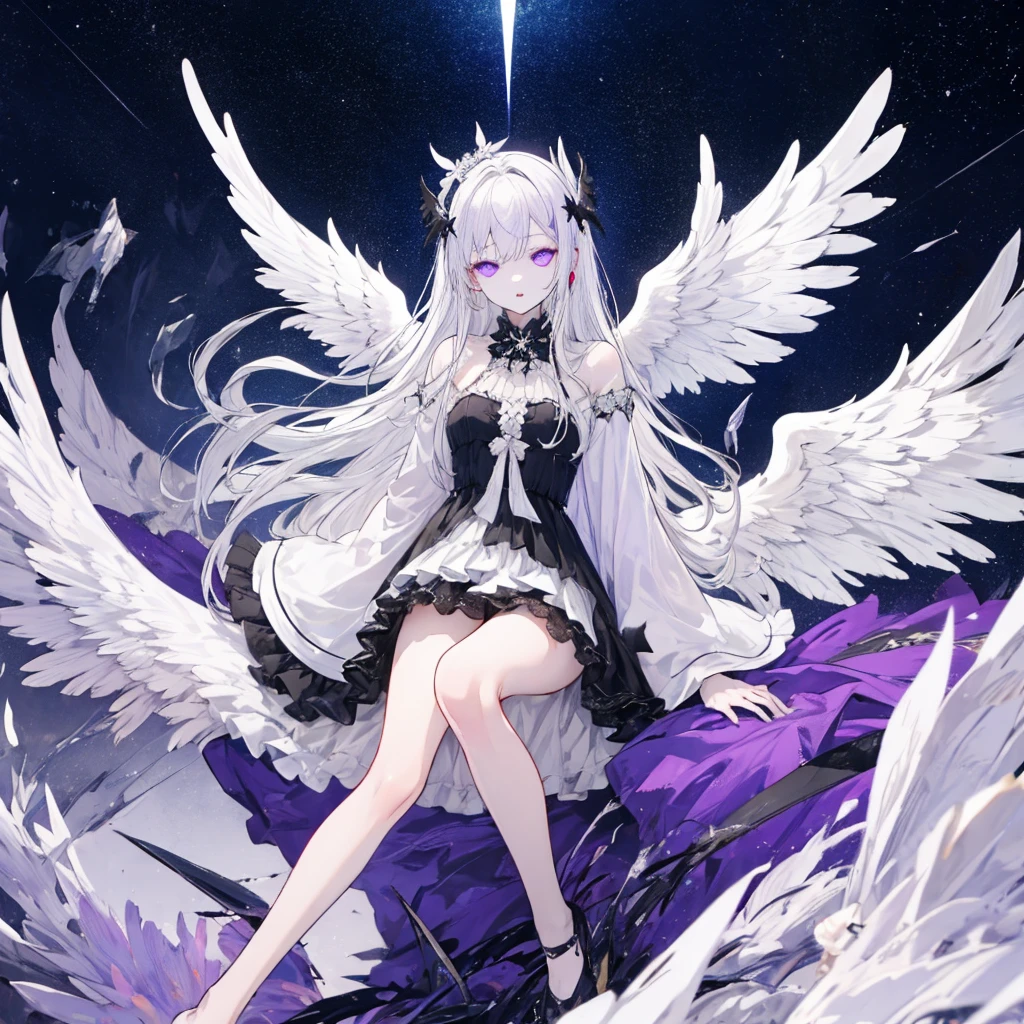 ((Best quality)), ((masterpiece)), (detailed), 1 girl, Black Wings of an Angel, albino, Violet eyes, fallen Angel, night, starry sky,  slender legs, gasped,