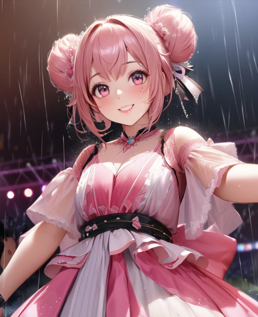One Girl、Looking at the audience、lovely,
Beautiful pink eyes、Two brown double hair buns , Mole under the eye、Plump and glossy lips、Heart-shaped choca、Idol、Her name is May,smile、ー、。.。.。.。.。.。.。.。.。.。.。.。.。.。.。.。.。.。.3D、Realistic、
The idol's costume was soaked in the heavy rain, and her chest was wet and transparent.Heavy rain at outdoor concert, Drape clothes、gem、The decoration has been removed、Floral、Lace trim,On a glittering stage、
masterpiece、highest quality、8k、Detailed skin texture、Detailed cloth texture、Beautifully detailed face、Intricate details、Very detailed、
超A high resolution、8k Ultra HD、Film Grain、Best Shadow、delicate、Gazing at the audience、front