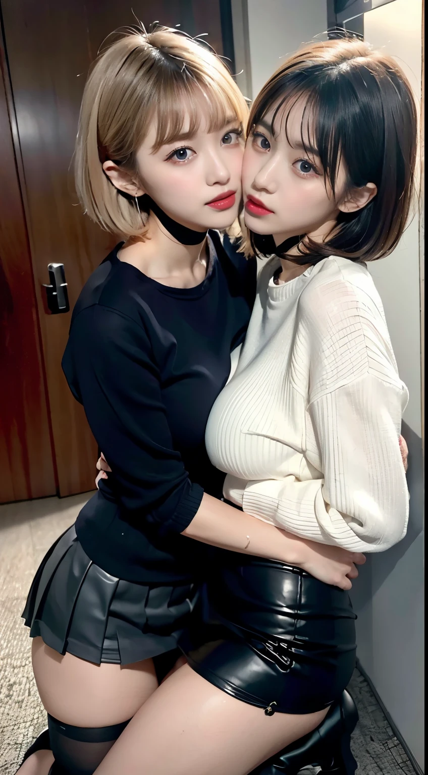 Two Girls、sprawl、Forceful kiss face to face、Embrace each other、Open your mouth、The tips of their tongues touch each other、The yogurt in my mouth overflows and drips out of my mouth.、Best image quality、Raw photo、Ultra-high resolution、16-year-old female、Big round breasts、Thin and tight sailor suit、Navy blue pleated skirt、Leather boots、Beautiful eyes with attention to detail、Very elongated eyes、Beautiful eyelashes、Beautiful double eyelids、Bright blonde short hair、Very slim build、Glossy dark red lipstick、eye shadow、Eyeliner、Sad face、blush、Excessive sweating all over the body,、Turn your ass towards me、rain、Kiss、(Thighs Thighs Thighs Thighs:1.2)、Angle from below、Overlooking here、