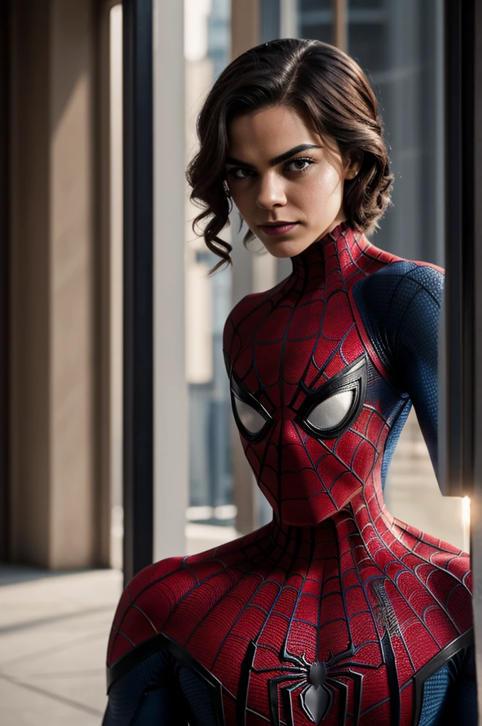 A photograph of Spider-Man., sin mascara, the 20s, elegante, cara detallada, looking to the camera, retrato, 8k hd, alta calidad