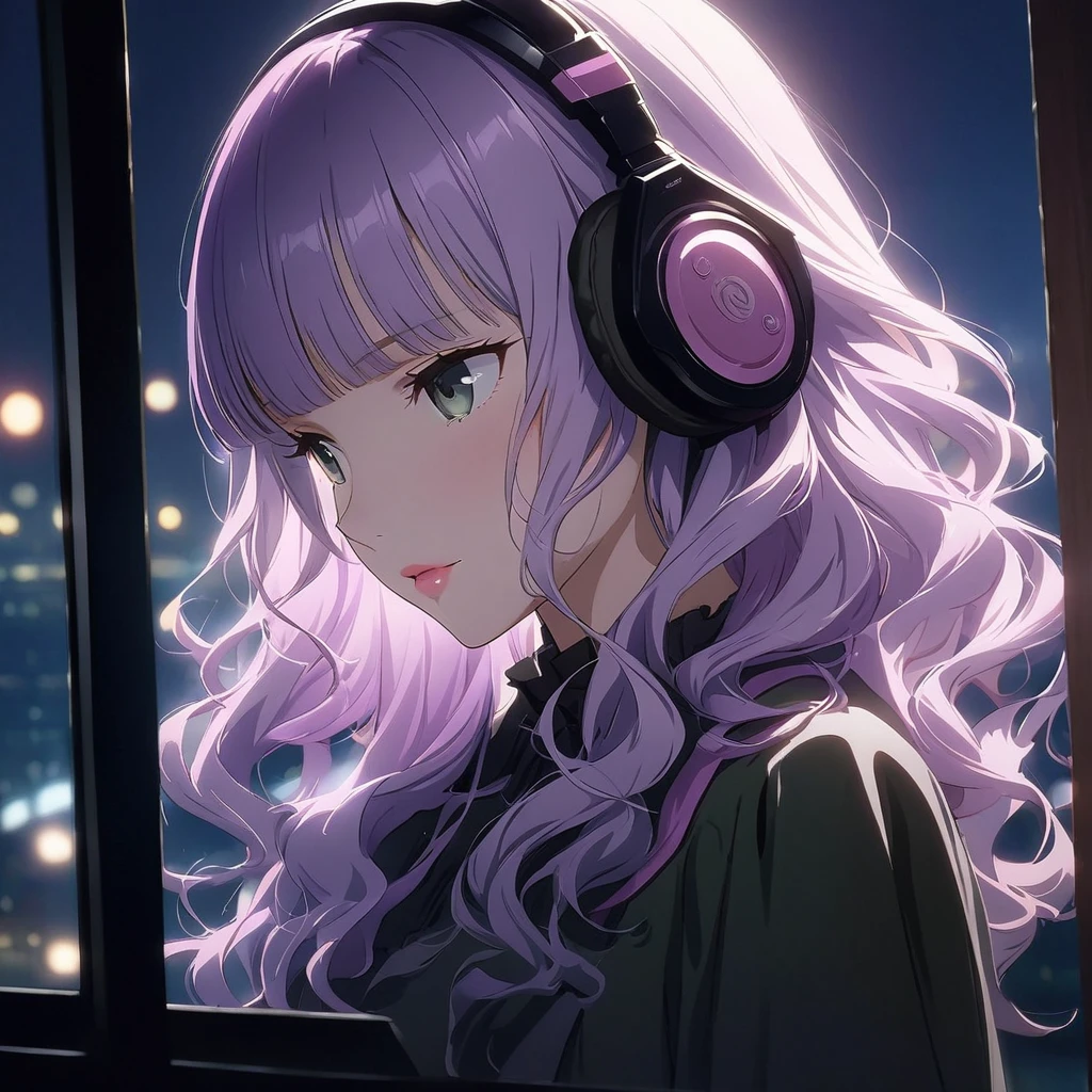 (girl:1.5), (masterpiece:1.3), Anime Visual, (girlはセーラー服を着ています, Headphones:1.3 ), (Love love:1.5), (Tilt your head:1.3), Very delicate face, Soft Clean Focus, Realistic lighting and shading, (Very delicate and beautiful art:1.3), elegant, (Calm colors:1.1),(Light purple hair,Wavy Hair,Blunt bangs,Green and black eyes.Pink Lips:1.4),thin,night lighting,Glasses,Emotional touch,Looking out the window,girlはコーヒーと