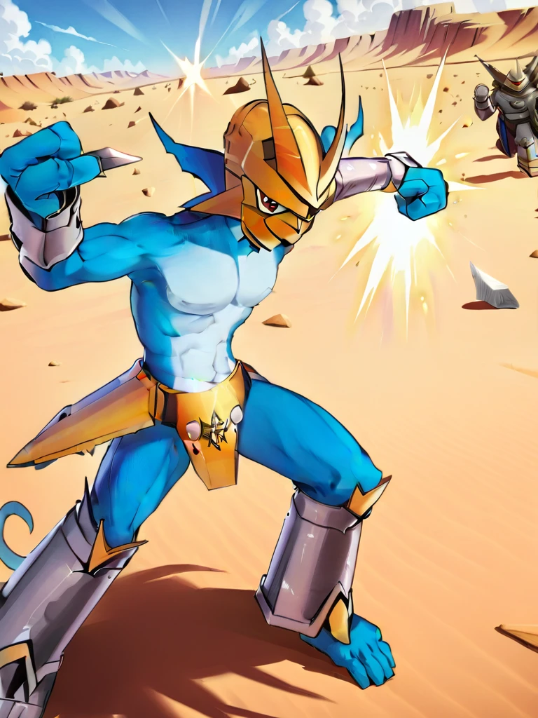 solo,angry Magnamon,tall, blue and white skin,(battle damaged:1.5),(topless Magnamon:2),(armor fragments:1.5),(shirtless:1.5), fighting_stance, in desert ,full_shot