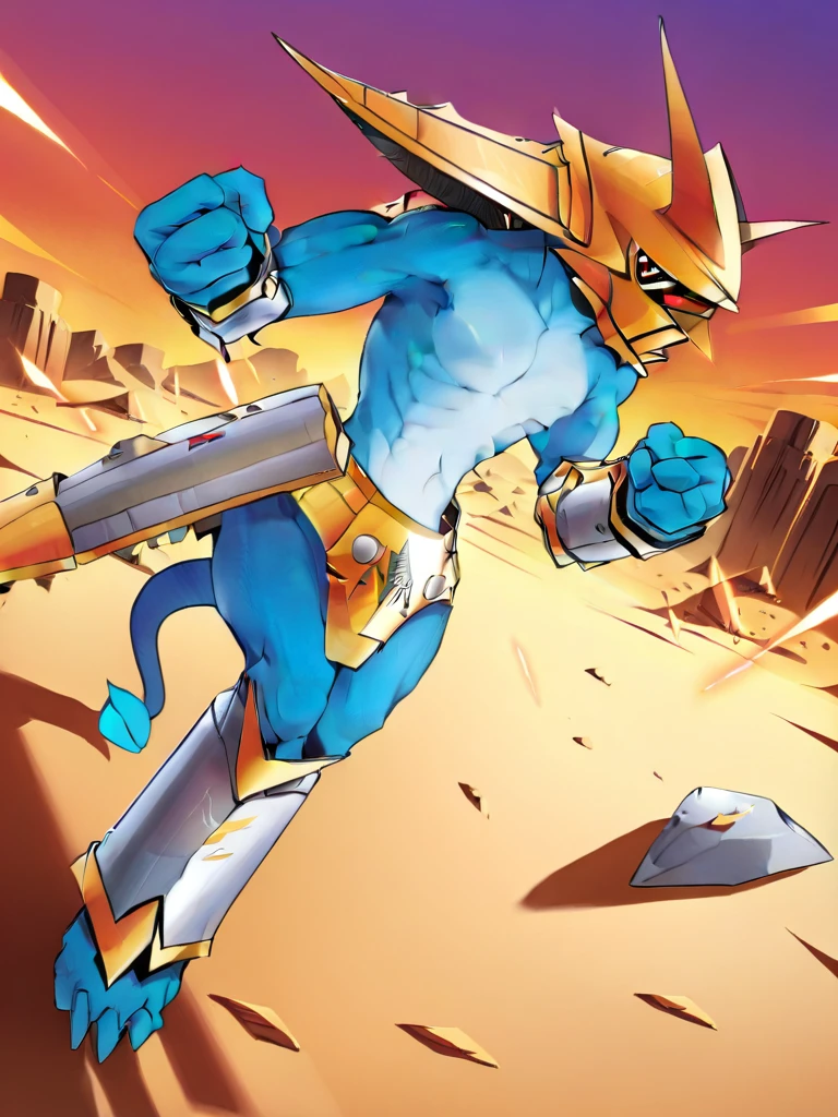 solo,angry Magnamon,tall, blue and white skin,(battle damaged:1.5),(topless Magnamon:2),(armor fragments:1.5),(shirtless:1.5), fighting_stance, in desert ,full_shot
