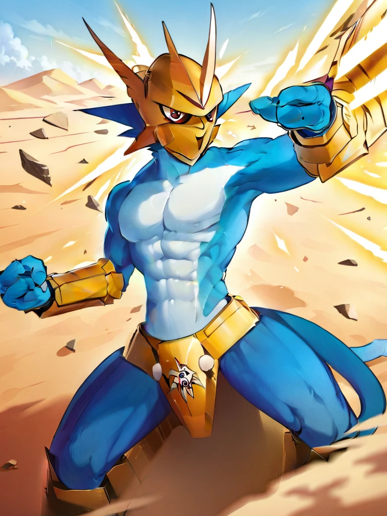 solo,angry Magnamon,tall, blue and white skin,(battle damaged:1.5),(topless Magnamon:2),(armor fragments:1.5),(shirtless:1.5), fighting_stance, in desert ,full_shot
