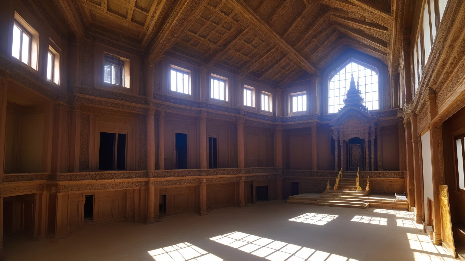 Inside the huge temple, 1 kilometer high ceiling, Small square window on upper floor, It&#39;s empty inside, Darkly lit, Torch on the ground, A giant statue with glowing red eyes in the distance, Looking for viewers, Spooky atmosphere, detailed, Asymmetrical Layout