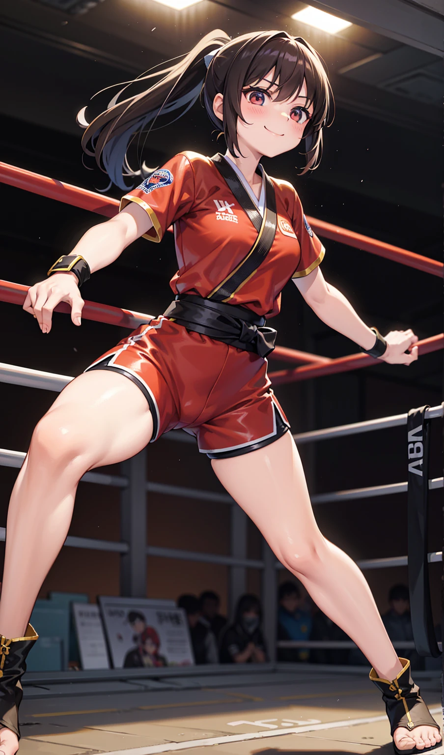 Human Woman。smile、Underground Fighting Arena、Martial Arts Ring、Dark brown ponytail、Fighter、Uplifting、Shorts、Open your legs a little、Colorful fighting costume