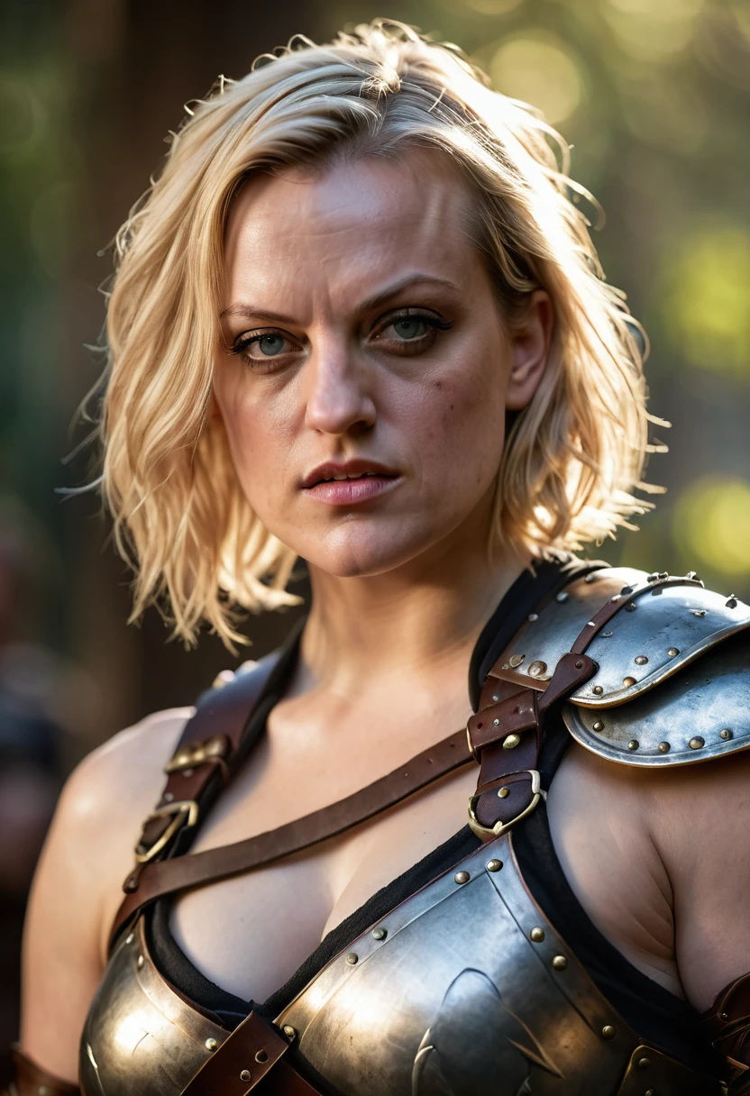 Looks like Elisabeth Moss, stunning beauty, A beautiful barbarian woman, blonde hair, punk hair, sword and sorcery, skimpy armour, high detail face, high detail skin, muscle definition, high resolution, photo-realistic, cinematic lighting, depth of field, bokeh, sexiest warrior beauty, 