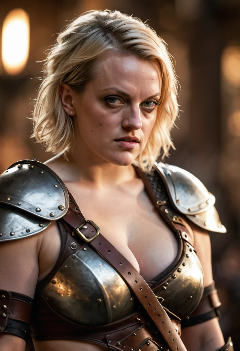 Looks like Elisabeth Moss, A beautiful barbarian woman, blonde hair, punk hair, sword and sorcery, skimpy armour, high detail face, high detail skin, muscle definition, high resolution, photo-realistic, cinematic lighting, depth of field, bokeh