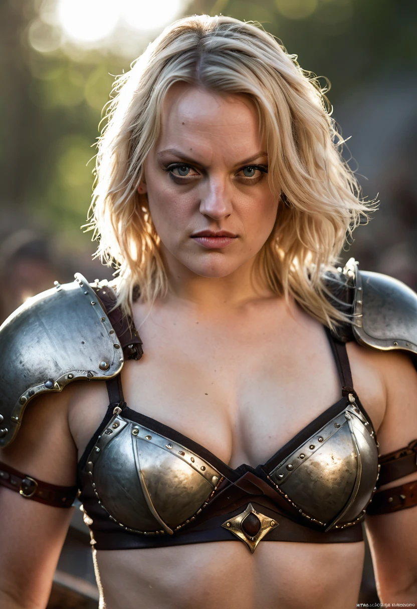 Looks like Elisabeth Moss, A beautiful barbarian woman, blonde hair, punk hair, sword and sorcery, skimpy armour, high detail face, high detail skin, muscle definition, high resolution, photo-realistic, cinematic lighting, depth of field, bokeh