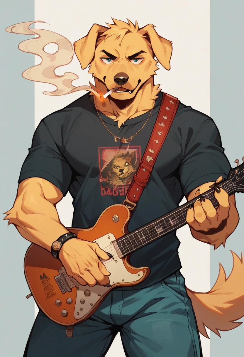 Cartoons of guitar players、Anthropomorphic Golden Retriever cat(Holding a cigarette)