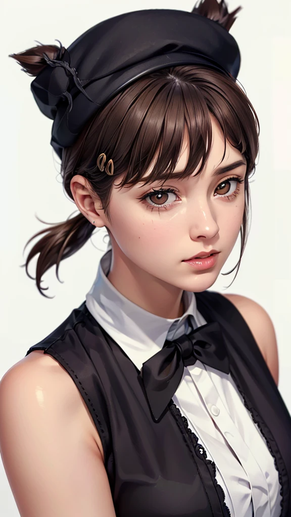 (((Perfect body,White and tender skin,(((Black strap dress, black long bow tie, white lining, black hat))),(((kobeni higashiyama, black hair, hair ornament, hairclip, ponytail, short hair, (brown eyes:1.5),))),((masterpiece)),highres,((Best quality at best)),masterpiece,quality,Best quality,((( Exquisite facial features,Looking at the audience,There is light in the eyes,(((pain,endure))),))),(((Light and shadow,Huge breasts,))),(((Looking at the camera,White background))))