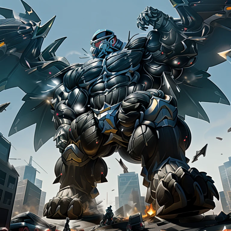(masterpiece. official art. 8k. best quality. detailed full body. full body.)
A man in stylish armor fights against the magnificent biomechanical LUCARIO.
(situation 1 : dominating LUCARIO. focus GIANT mechanical Muscular LUCARIO is trampling the CITY. macro. stomp. Low-angle perspective. emphasizing the immense size. The perspective is from below, emphasizing the sheer majesty and power of the Giant. giant art. He is much bigger than a skyscraper. Giga Giants. micro soccer field. looking down.)

(situation 2 :smoke and flames rising from the destruction in the city)

(Additional details 1: wearing a full-face helmet. helmet is jet black. The color of NANOSUIT is jet black. high-tech bio-mecha armor. real texture material. whole body shines like metal. Wearing cyberpunk mecha. emphasizes the muscles. suit fully made of metal. intricate armor. Robotic suit. suit fully made of metal. NANOSUIT with the same design as LUCARIO.).

(Additional details 2: (Detailed head. Detailed Body. Detailed abs. gigantic muscles. HYPER MUSCLES. Gigachad Muscular. big muscle. pecs. triceps. traps. unusually developed muscular body. body full of huge muscles. showing off muscles. pectorales enormes. Exaggeratedly huge muscles. huge muscles. long legs.).

(Additional details 3: nj5furry, Spread wings. It has wings. black have big wings. The claws are sharp. Sharp teeth.5 toes.). 